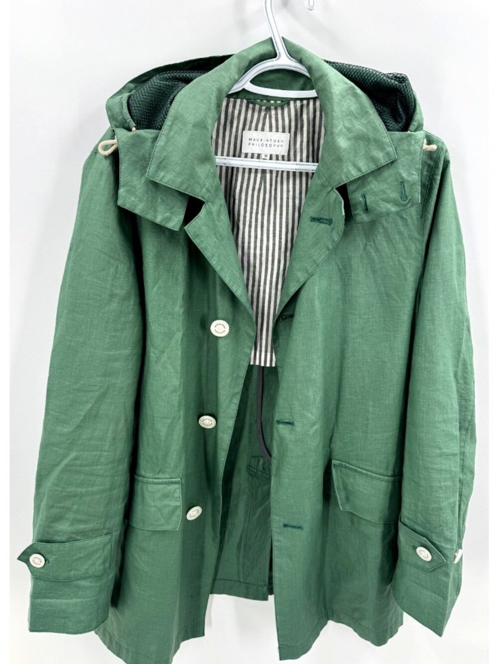 New Mackintosh Philosophy Green Waxed Cotton Linen Hooded Coat Long Jacket Sz 38